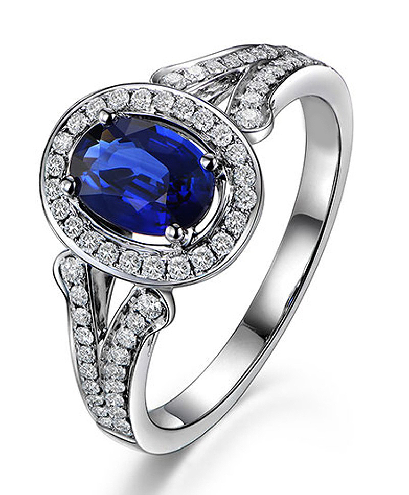 Anel Safira Azul Oval com Diamantes